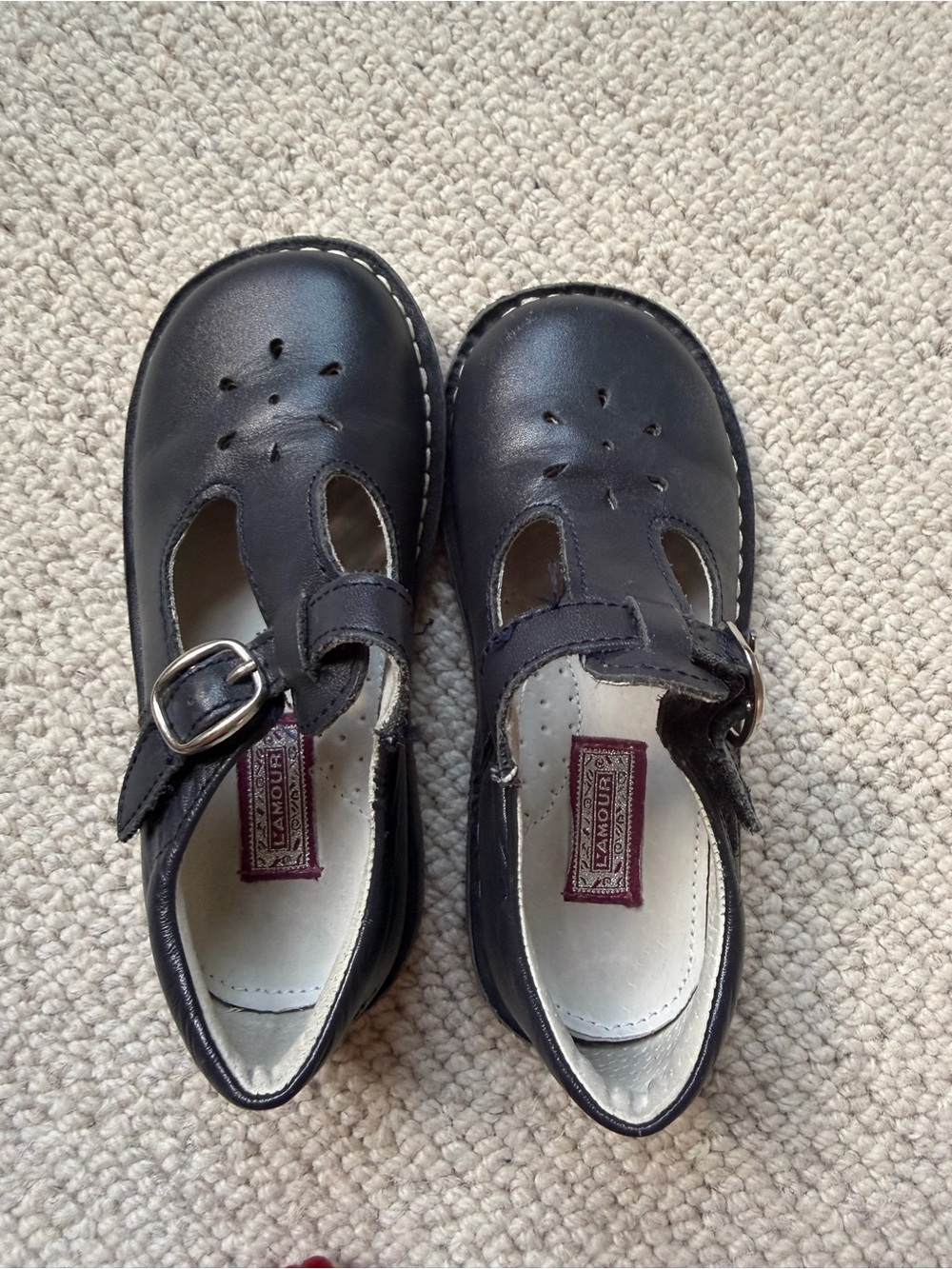 L'Amour Joy Navy Leather T-Strap Shoes - Size 10